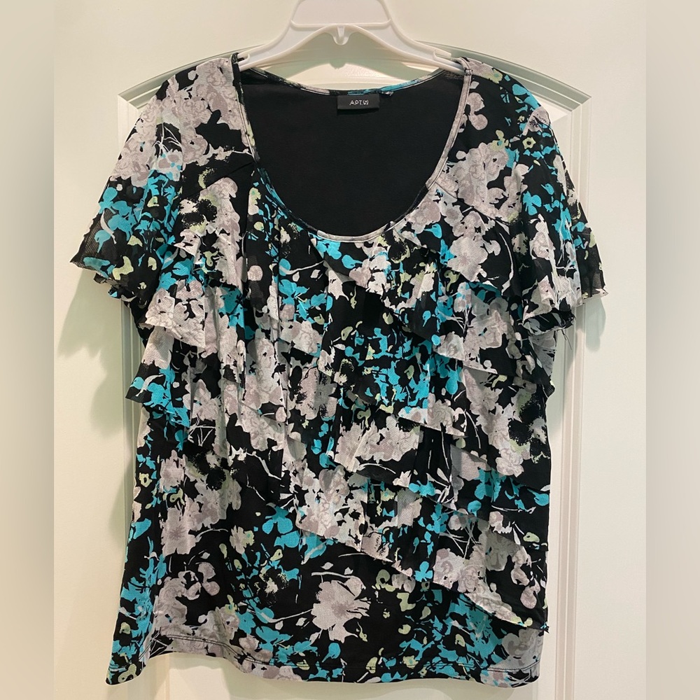 Apt. 9 Short Sleeve Blue Floral Ruffled Blouse Size XL